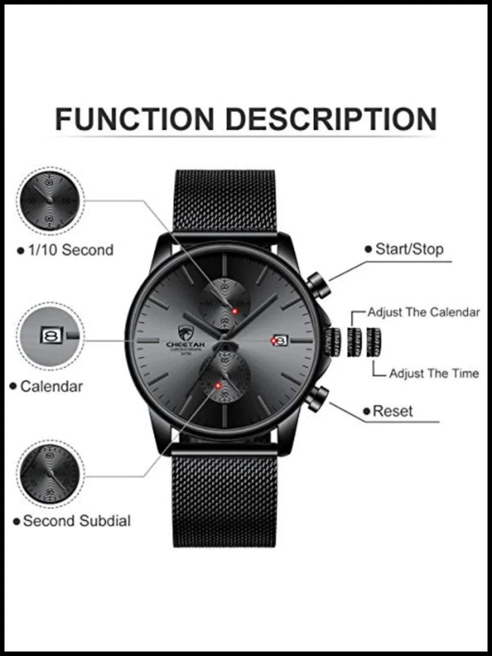 Mens Quartz Analog Chronograph Watch Mesh Stainless Steel Waterproof Auto Date